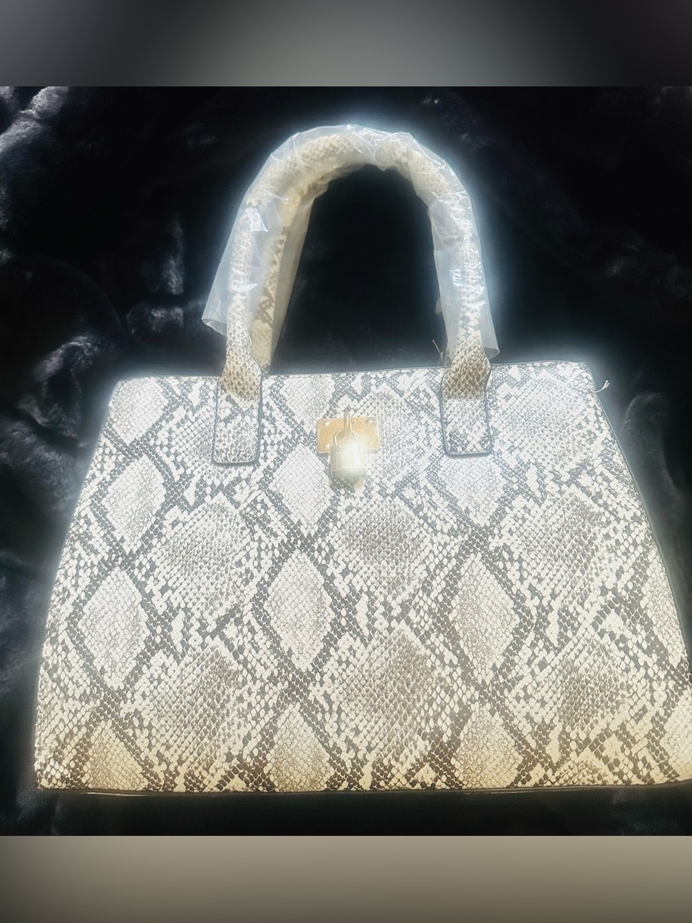 White and Black Snake-Print Satchel Handbag  Gold Lock